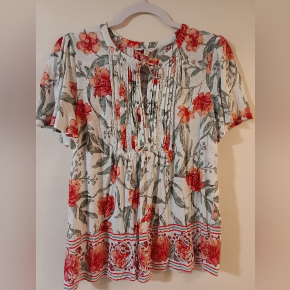 Lucky Brand Floral Tie-Neck Blouse in Cream, Red & Green